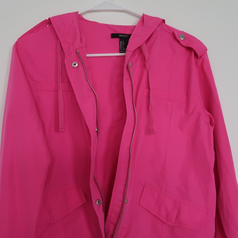 Hot Pink Hooded Woven Windbreaker Jacket Zipper